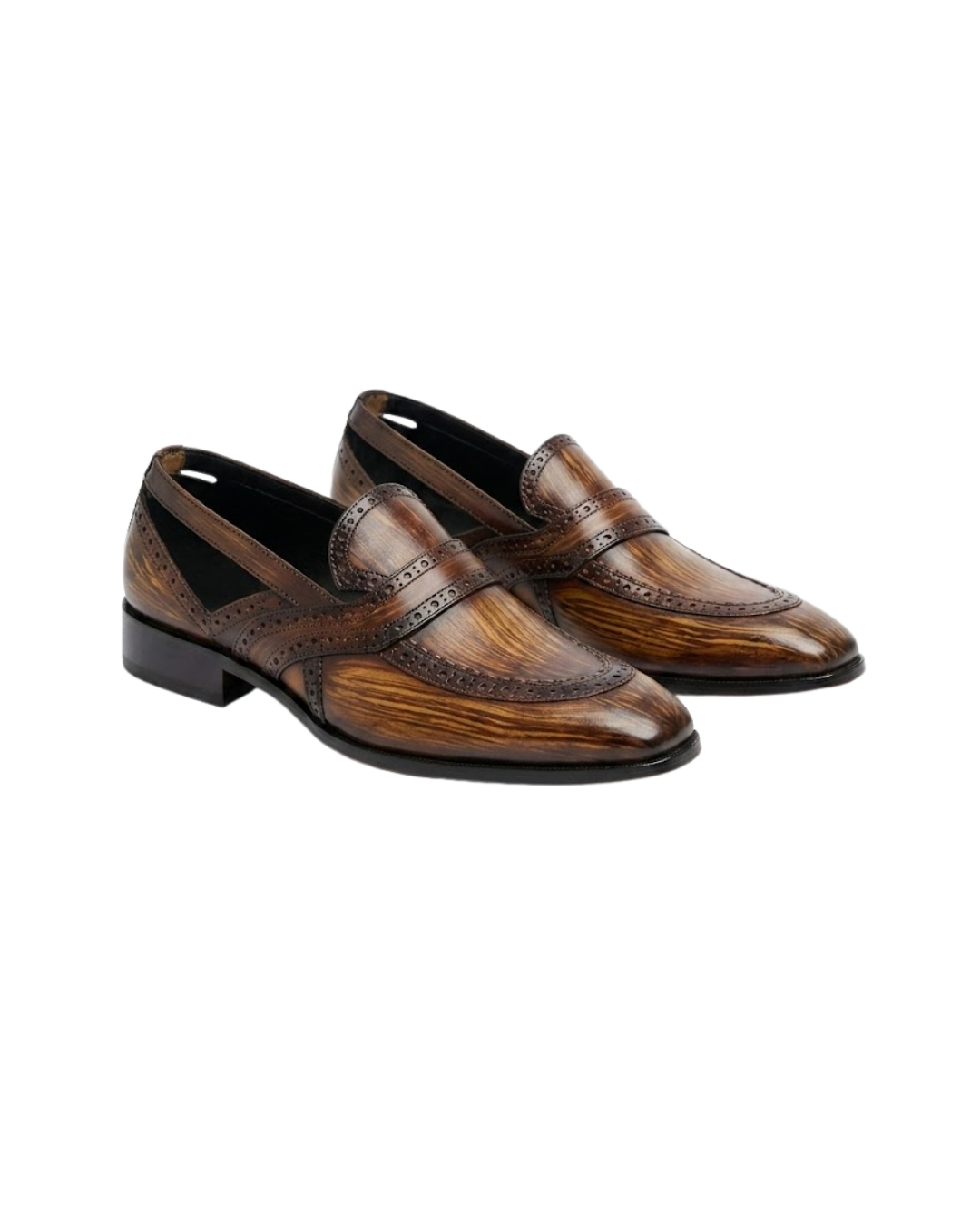 Artisanal Wood-Grain Patina Brogue Loafers