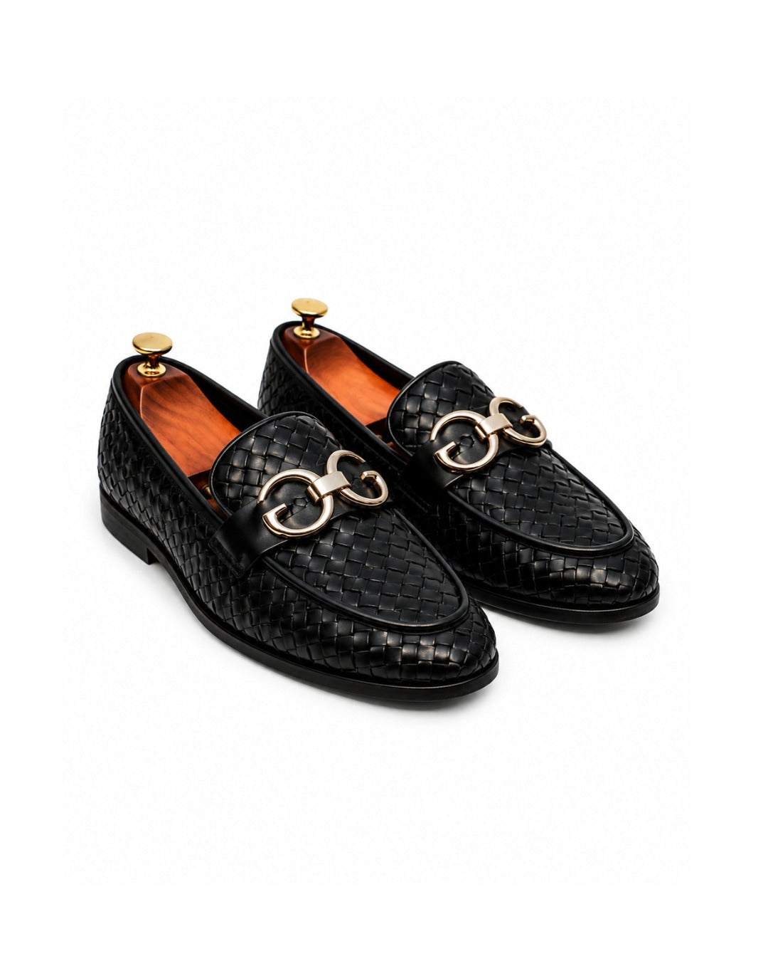 Executive Woven Leather Gold-Buckle Loafers