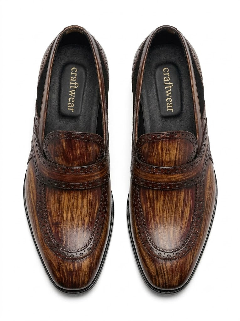 Artisanal Wood-Grain Patina Brogue Loafers