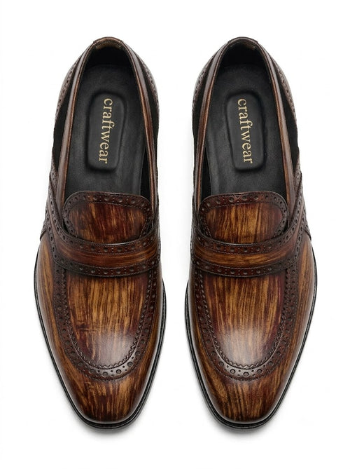 Artisanal Wood-Grain Patina Brogue Loafers
