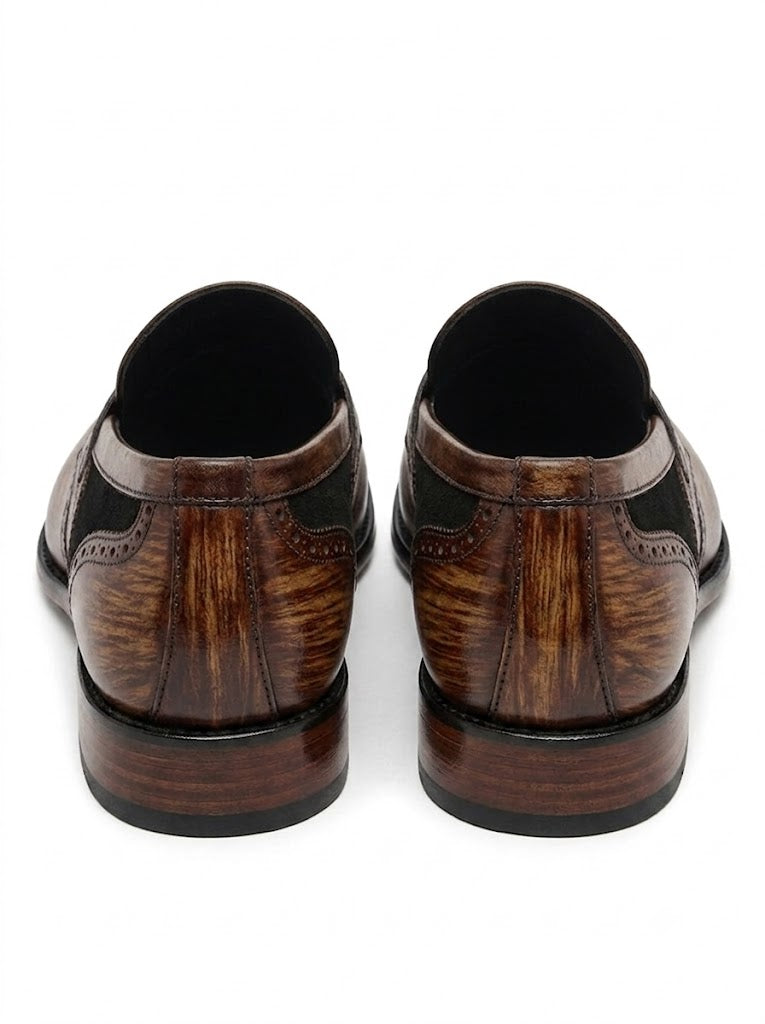 Artisanal Wood-Grain Patina Brogue Loafers