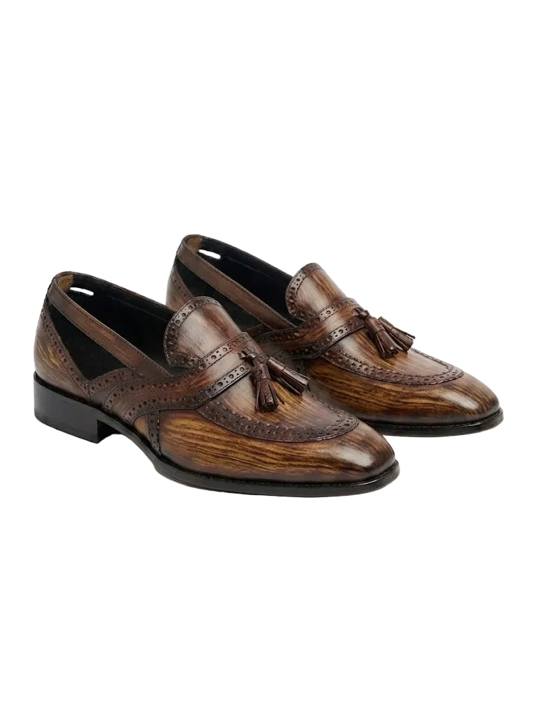 Artisanal Wood-Grain Patina Brogue Loafers