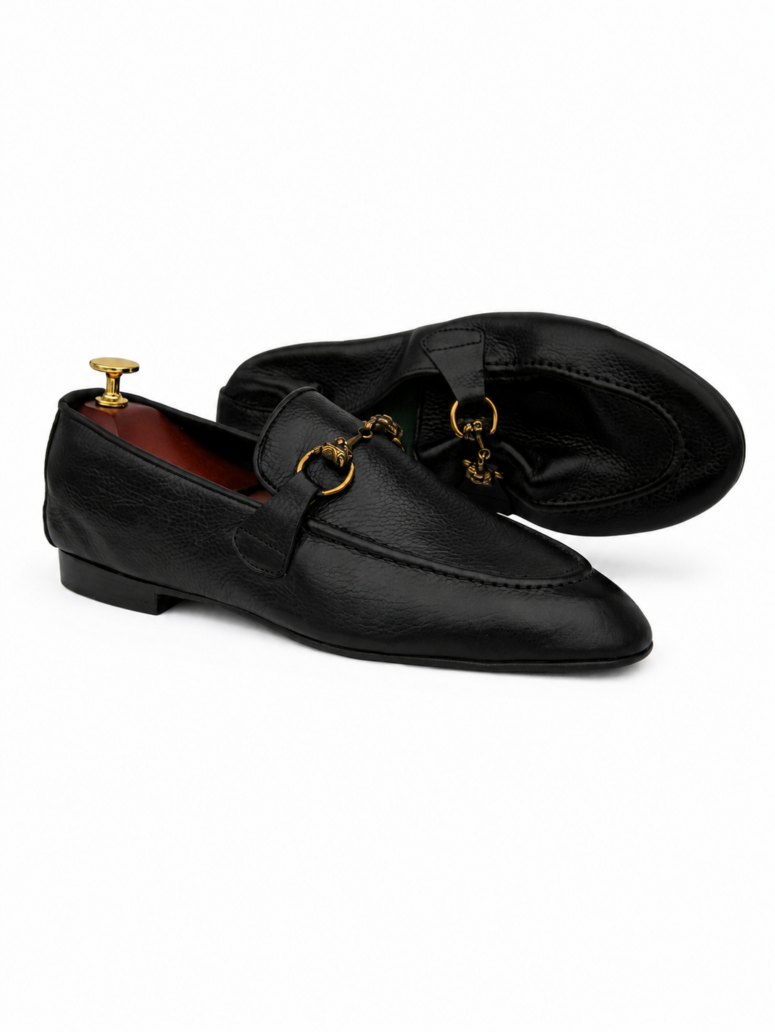 Black Pebbled Leather Horsebit Loafers