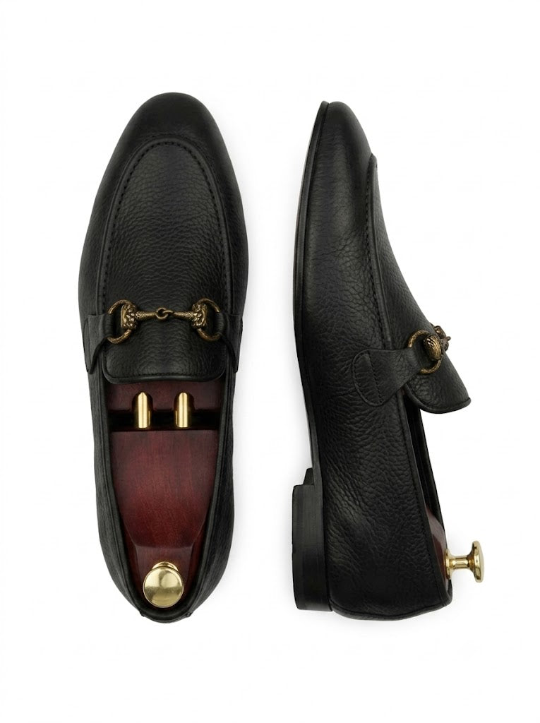 Black Pebbled Leather Horsebit Loafers