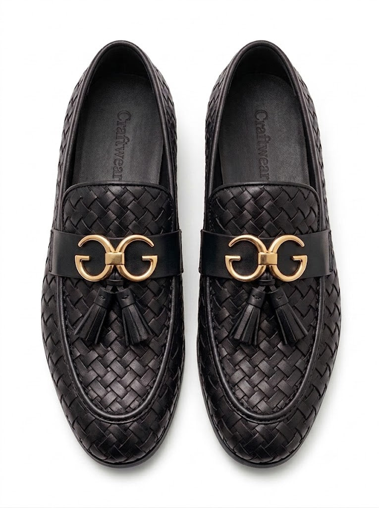 Black Woven Leather Horsebit Loafers