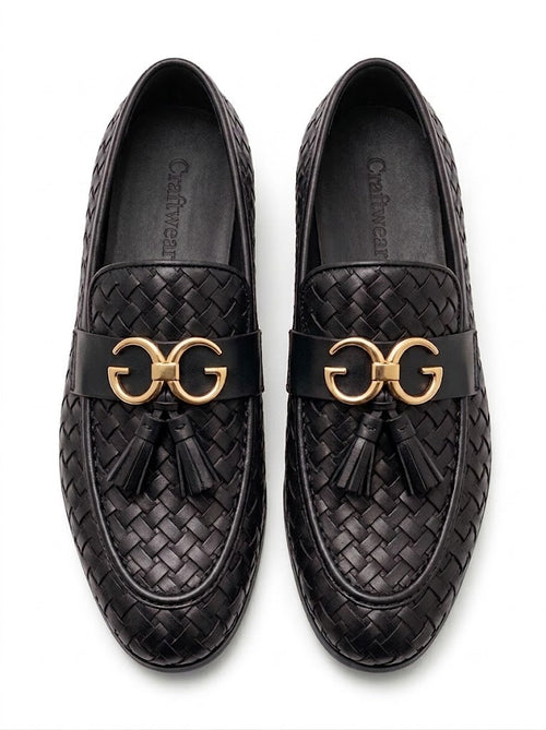 Black Woven Leather Horsebit Loafers