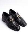 Black Woven Leather Horsebit Loafers