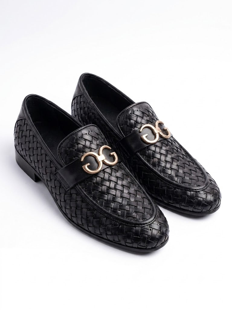 Black Woven Leather Horsebit Loafers